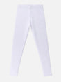 White kids' thermal leggings with elastic waistband, full length, on plain background.