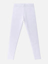 White kids' thermal leggings with elastic waistband, full length, on plain background.