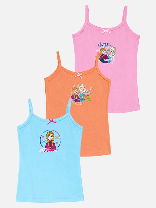 Set of three girls' camisole innerwear with colorful Frozen cartoon prints in pink, orange, and blue.