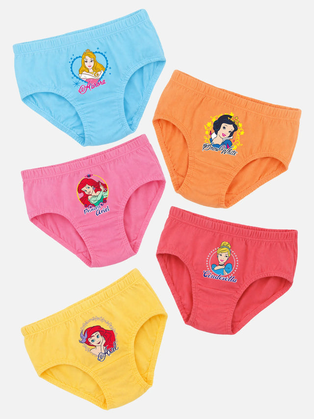 Assorted girls' cotton underwear multipack with princess character prints on colorful briefs.