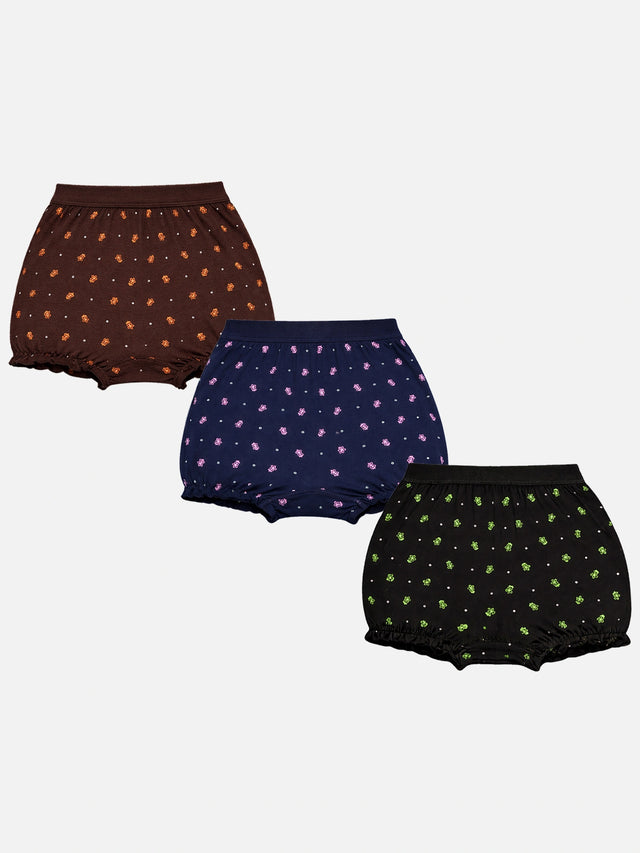Kids printed bloomers multipack in brown, navy, and black with floral patterns