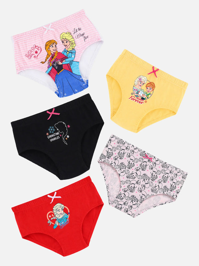 Assorted girls' cotton underwear multipack with colorful cartoon princess prints, displayed flat