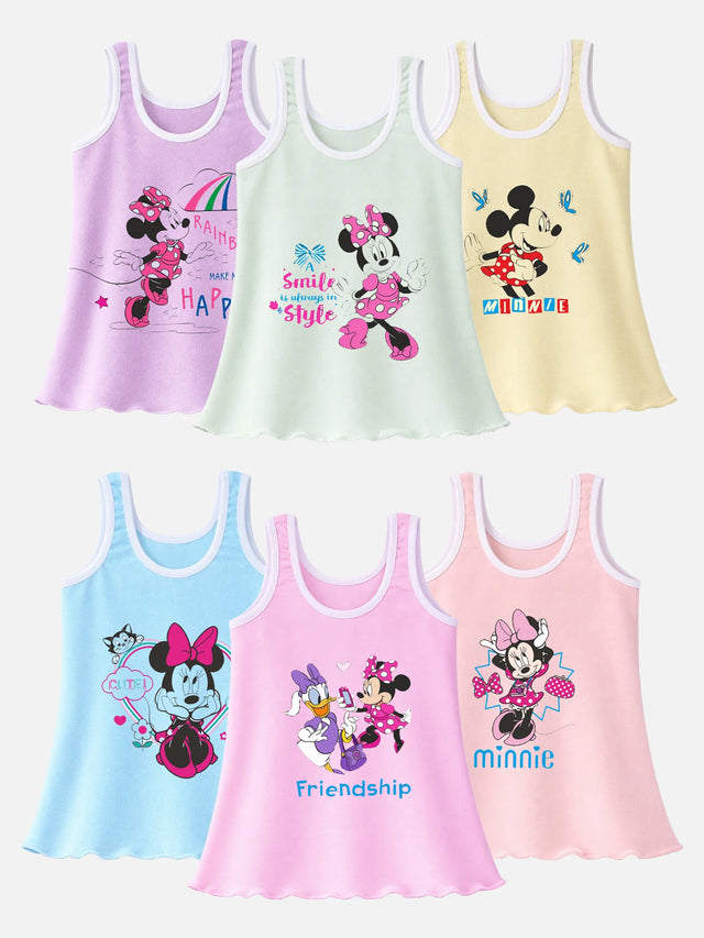 Girls Minnie & Friends Vest Round Neck Sleeveless Pack of 6 - Bodycare