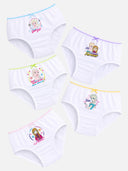 Set of five white girls’ underwear with Frozen character prints and colorful trim on a light background.