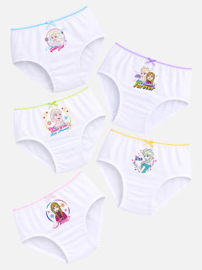 Set of five white girls’ underwear with Frozen character prints and colorful trim on a light background.