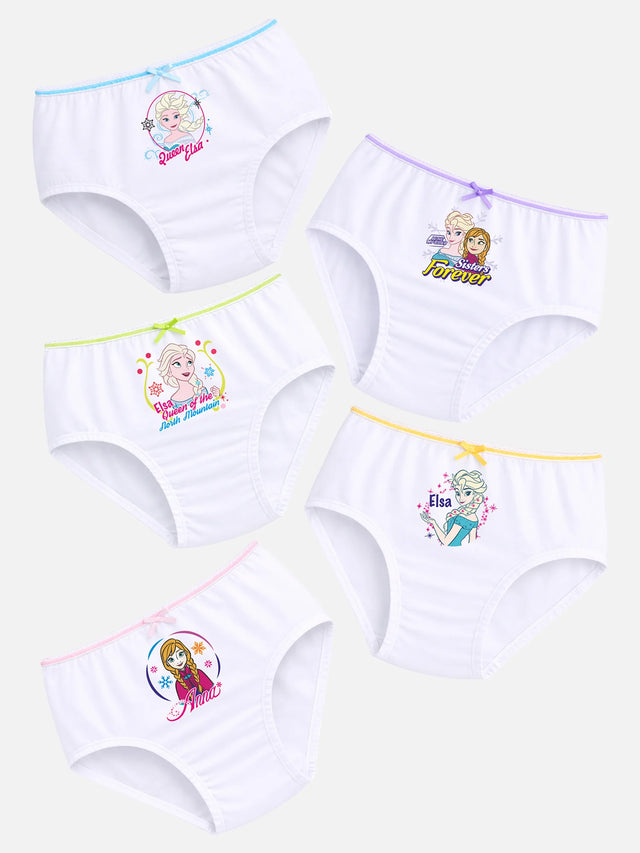 Set of five white girls’ underwear with Frozen character prints and colorful trim on a light background.