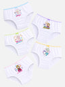 Set of five white girls’ underwear with Frozen character prints and colorful trim on a light background.