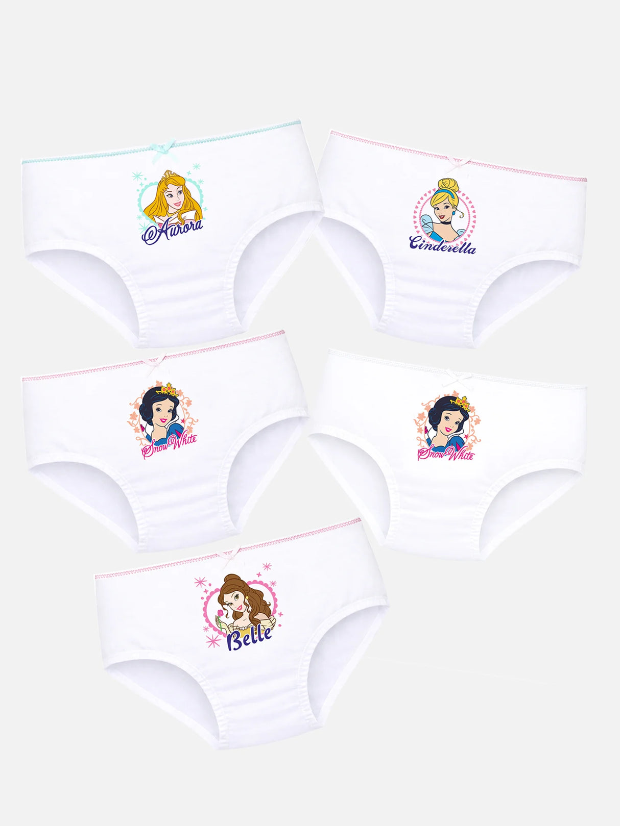 Set of white girls' briefs with colorful princess character prints, soft cotton innerwear
