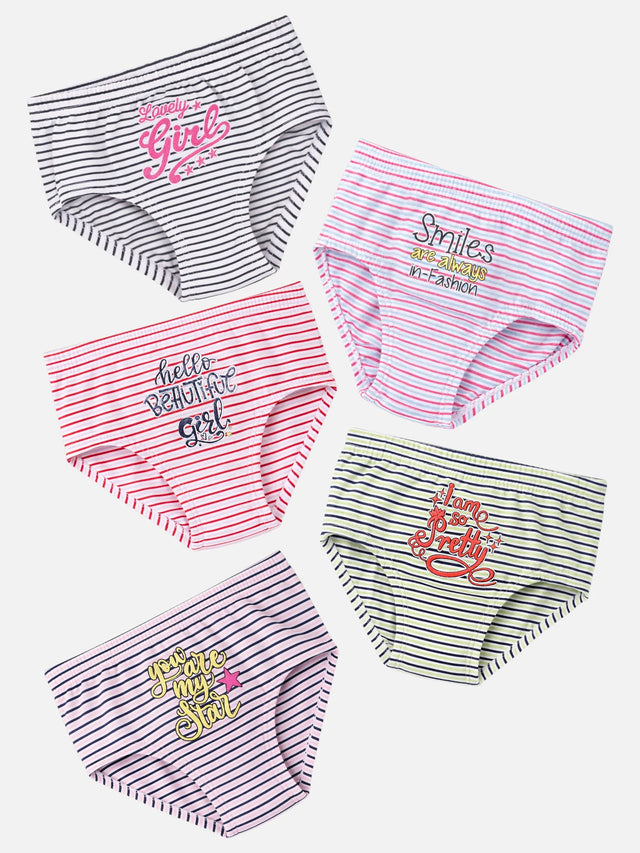 Striped girls' innerwear multipack with positive phrases and soft cotton fabric, assorted colors
