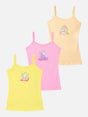 Set of three girls' camisole vests in yellow, pink, and peach with cartoon prints