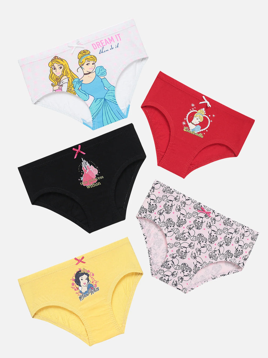 Assorted girls' cotton brief underwear multipack with princess cartoon prints, displayed flat.