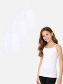 Girl wearing white cotton camisole with three extra white camisoles for kids innerwear multipack