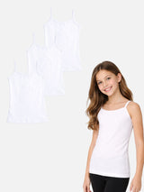 Girl wearing white cotton camisole with three extra white camisoles for kids innerwear multipack