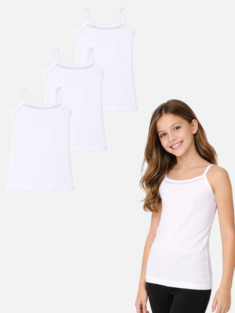 Girl wearing white cotton camisole with three white spaghetti strap camisoles for kids displayed