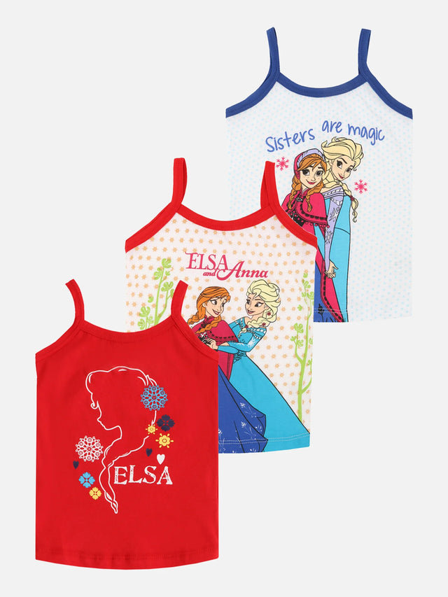 Set of three girls' Frozen camisoles featuring Elsa and Anna cartoon prints, colorful designs