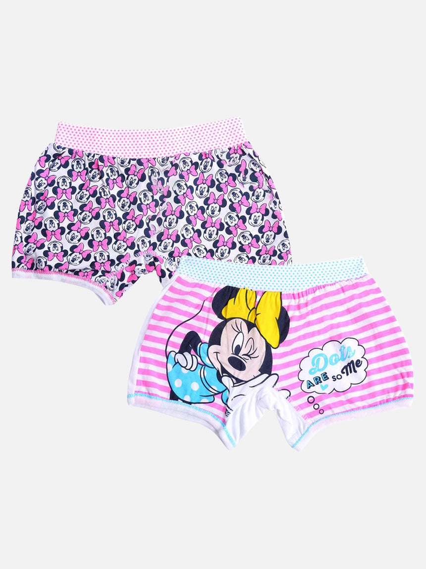 Kids' cartoon print innerwear shorts multipack with Minnie Mouse graphics, pink and white