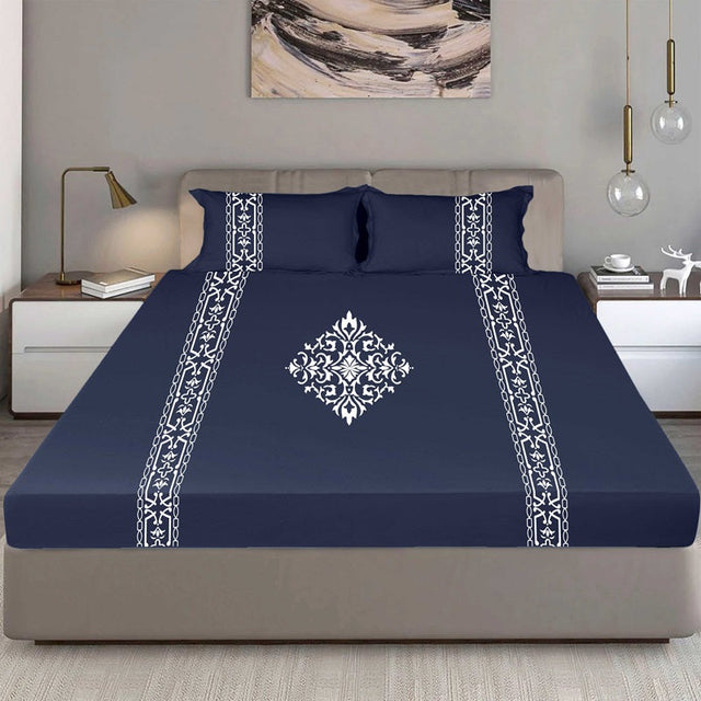 King Size Cotton Fitted Bedsheet Applique Print - Bodycare