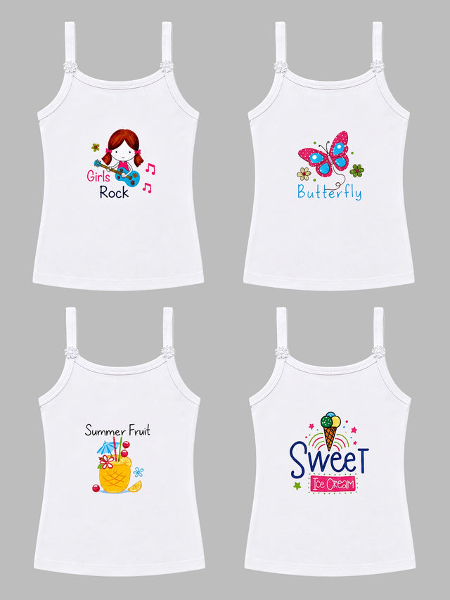 Girls 100% Cotton Printed Camisole Sleeveless Innerwear Vest for Everyday Comfort and Regular Use - Pack of 4