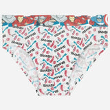 Kids printed underwear with superhero comic motifs and colorful words like SMASH and WOOSH.