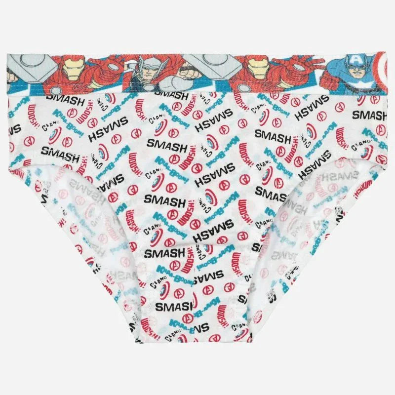 Kids printed underwear with superhero comic motifs and colorful words like SMASH and WOOSH.