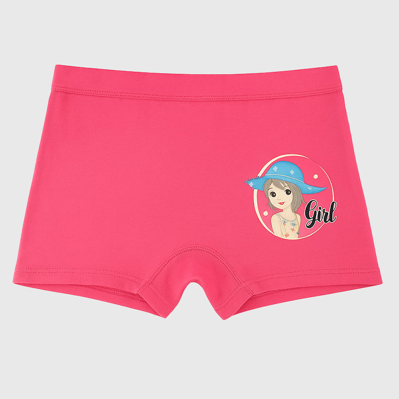 Pink girls' innerwear shorts with cartoon girl print and blue hat design