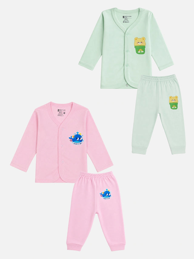 Baby Cotton Rich Front Open Full Sleeves Pajami Suit for Sleepwear Comfort, Easy Dressing and Regular Nightwear