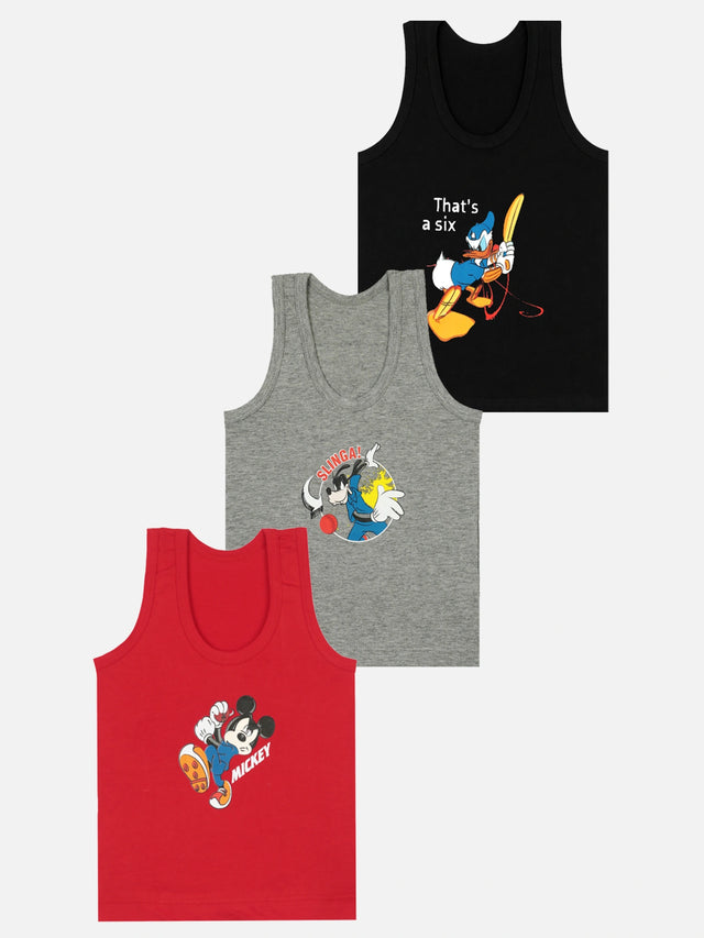 Boys Mickey & Friends Innerwear Vest 100% Cotton Skin Friendly Lightweight Round Neck Sleeveless for Everyday Comfort - Pack of 3