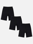Set of three black kids cotton innerwear shorts with elastic waistband on white background
