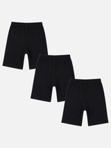 Set of three black kids cotton innerwear shorts with elastic waistband on white background
