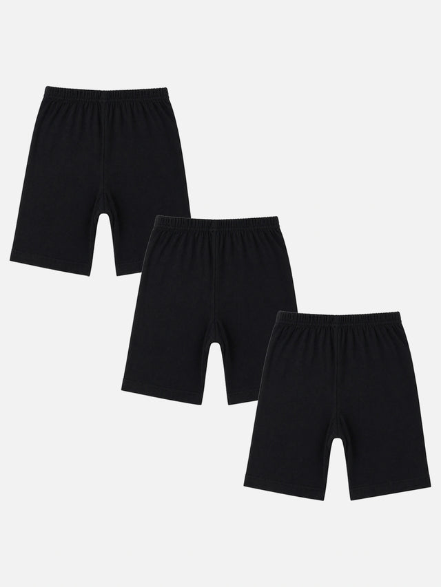Set of three black kids cotton innerwear shorts with elastic waistband on white background