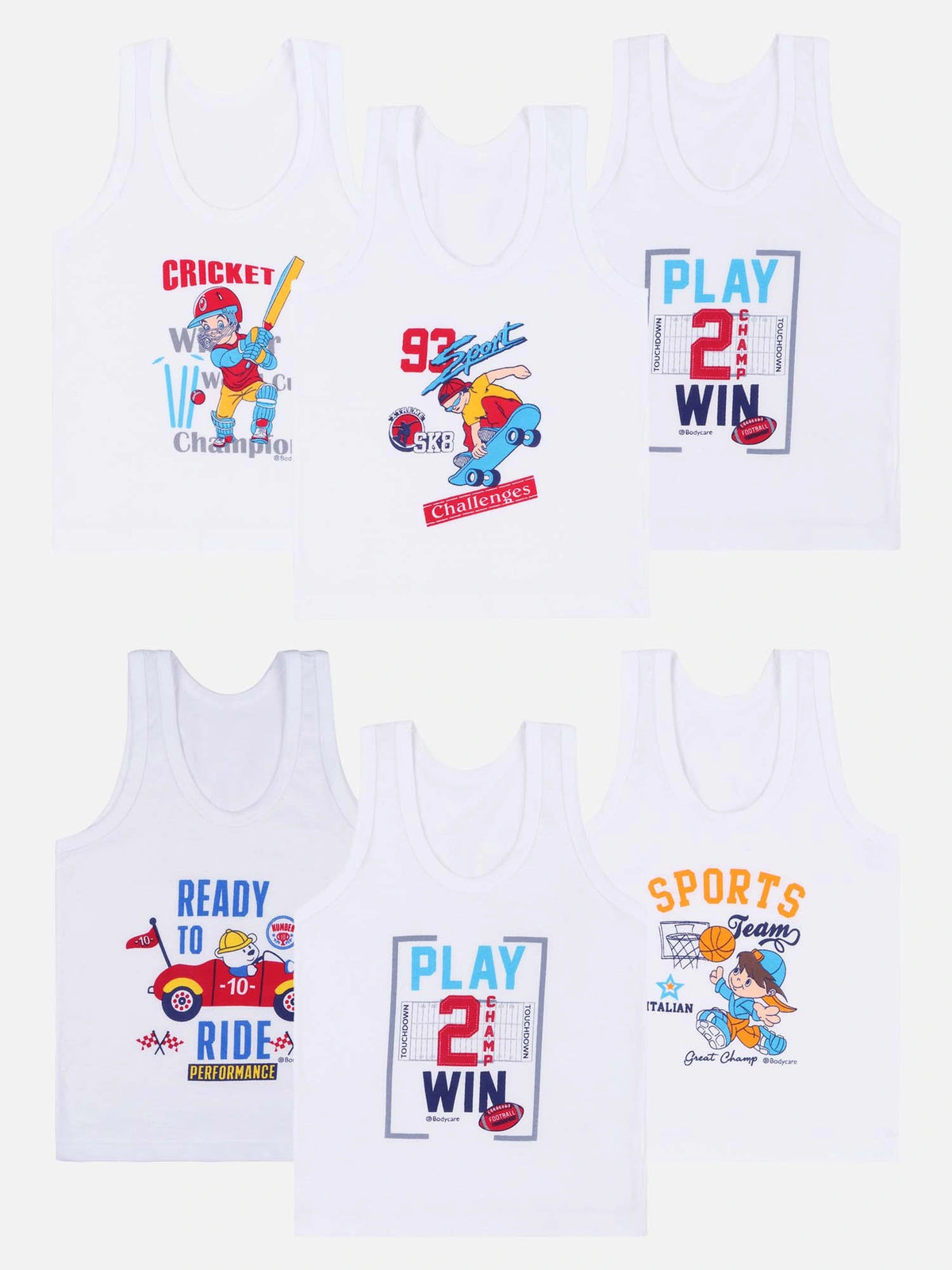 Boys Printed Vest with Round Neck Sleeveless Design for Comfortable Innerwear Essentials and Regular Use - Pack of 6