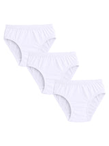 Three pack of white kids cotton briefs with elastic waistband on white background