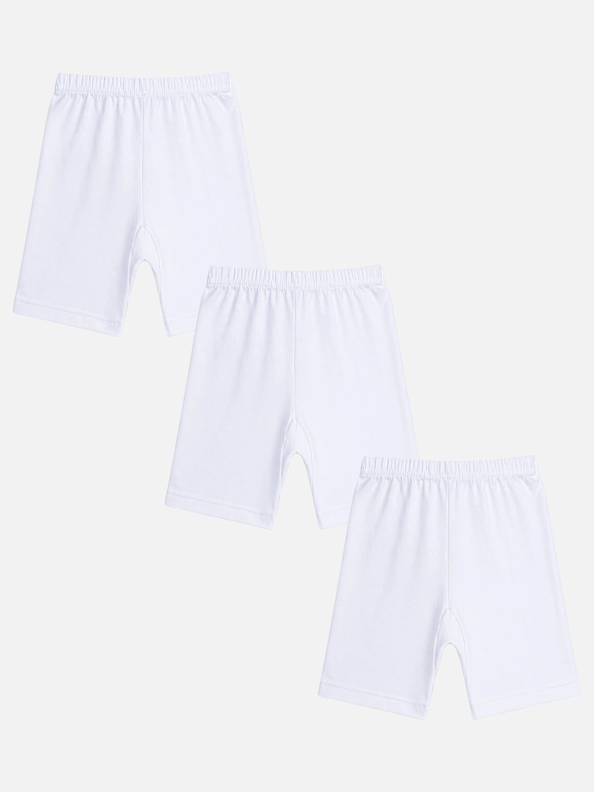 Set of three white kids cotton innerwear shorts with elastic waistband on white background