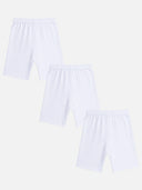 Set of three white kids cotton innerwear shorts with elastic waistband on white background