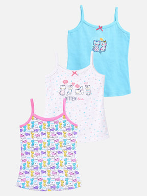 Set of three kids' camisoles in playful kitten prints and pastel colors, comfortable innerwear