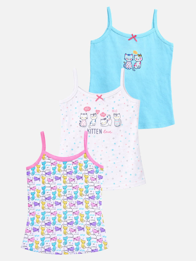 Set of three kids' camisoles in playful kitten prints and pastel colors, comfortable innerwear