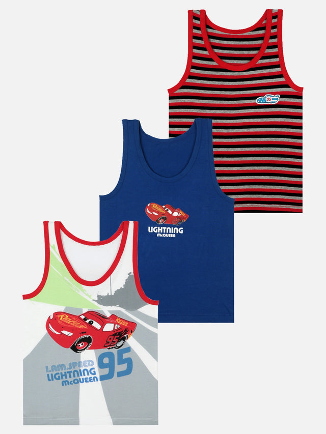 Boys Cars Innerwear Vest 100% Cotton Skin Friendly Lightweight Sleeveless Cartoon Print for Everyday Comfort - Pack of 3