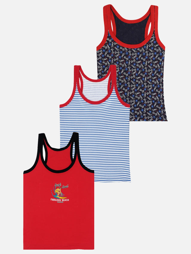 Boys Innerwear Vest Round Neck Sleeveless Printed for Everyday Comfort, Easy Layering and Kids Essentials - Pack of 3