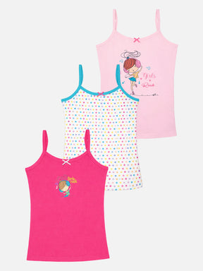 Girls cotton camisole multipack with cartoon prints and polka dot design, comfortable innerwear.