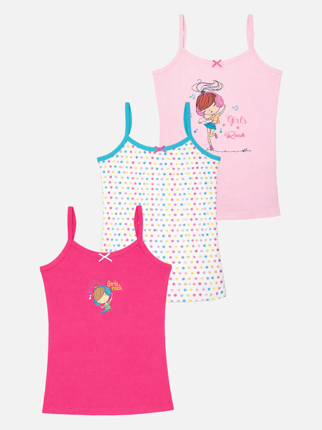 Girls cotton camisole multipack with cartoon prints and polka dot design, comfortable innerwear.