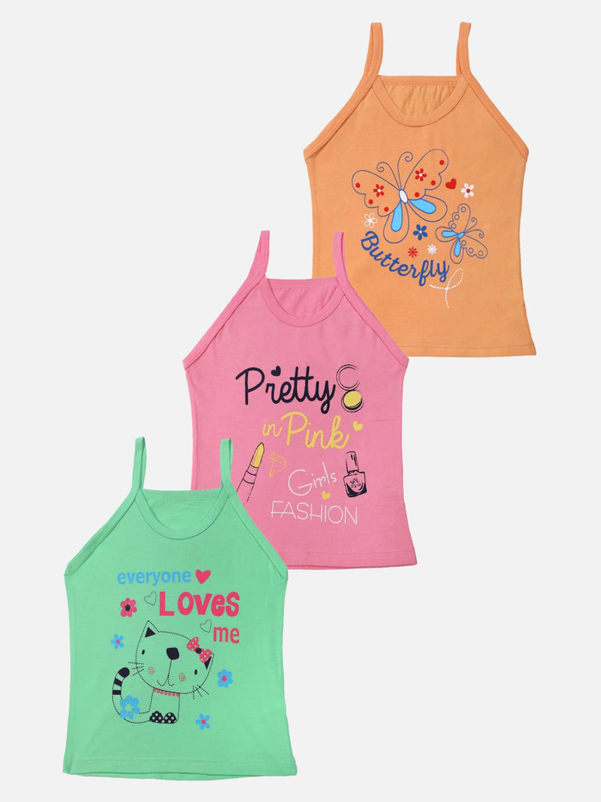 Girls cotton camisole multipack with butterfly, cat, and fashion prints in pastel colors