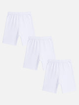 Three white kids innerwear shorts multipack, soft cotton, elastic waistband, flat lay