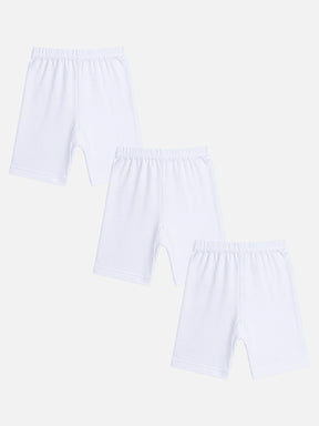 Three white kids innerwear shorts multipack, soft cotton, elastic waistband, flat lay