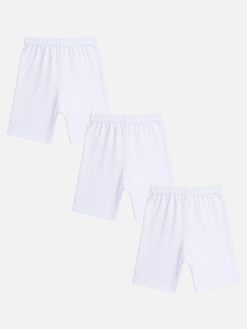 Three white kids innerwear shorts multipack, soft cotton, elastic waistband, flat lay