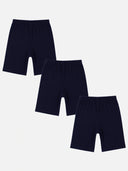 Set of three navy blue kids innerwear shorts with elastic waistband on white background