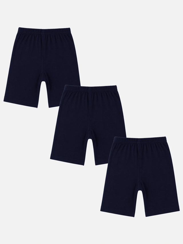 Set of three navy blue kids innerwear shorts with elastic waistband on white background