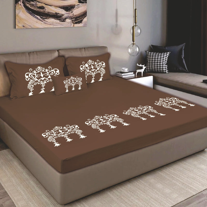 King Size Cotton Bedsheet Brown Ornamental Print - Bodycare