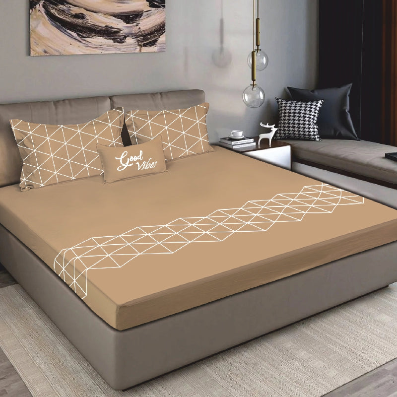 Bodycomfy 100% Cotton Hosiery King Size Fitted Bedsheet – Geometrical Panel Print