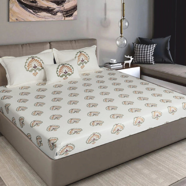 King Size Cotton Bedsheet Floral Handblock Ivory - Bodycare