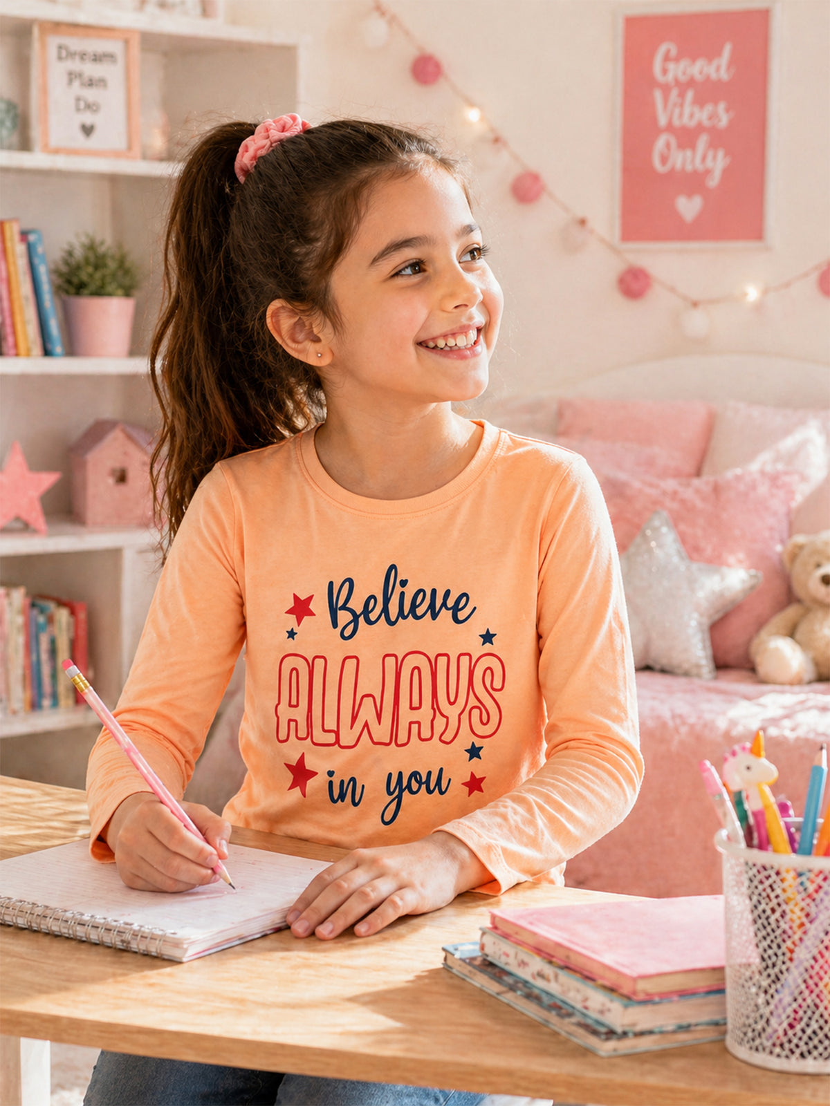 Girls 100% Cotton T-Shirt with Round Neck and Full Sleeves for Comfortable Casual Wear and Regular Use - Pack of 1
